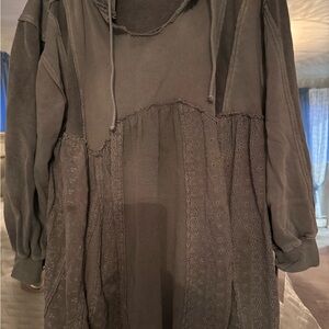 Free People Gray Lace Detail Crew Neck Sweater with hood and drawstring